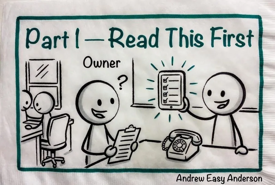 Part 1, Read This First — cartoon of an FBO owner reviewing a checklist on a tablet