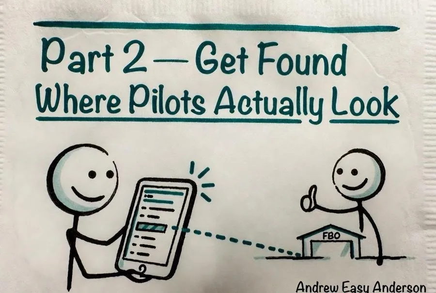 Part 2, Get Found Where Pilots Actually Look — a pilot checking an app that points to an FBO