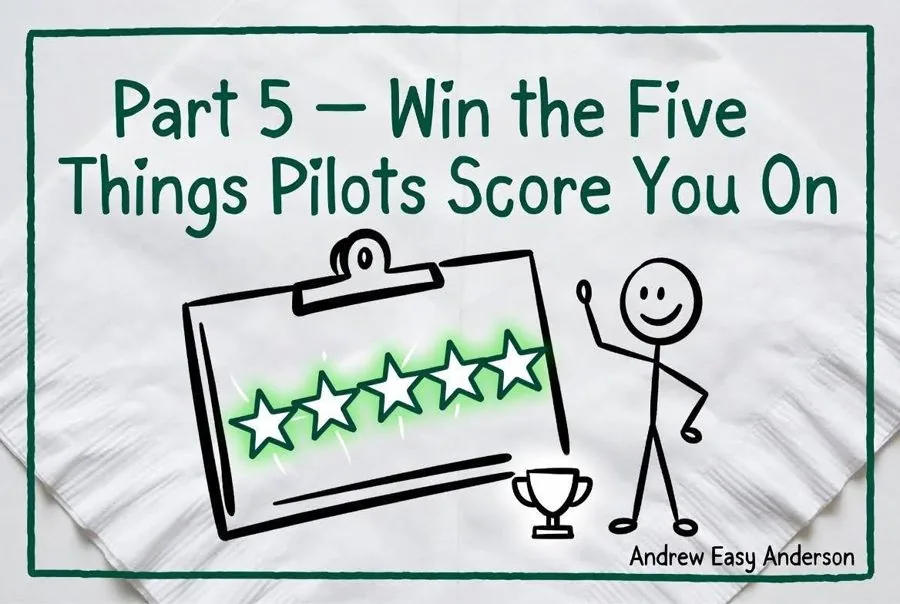 Part 5, Win the Five Things Pilots Score You On — a clipboard with five stars and a trophy