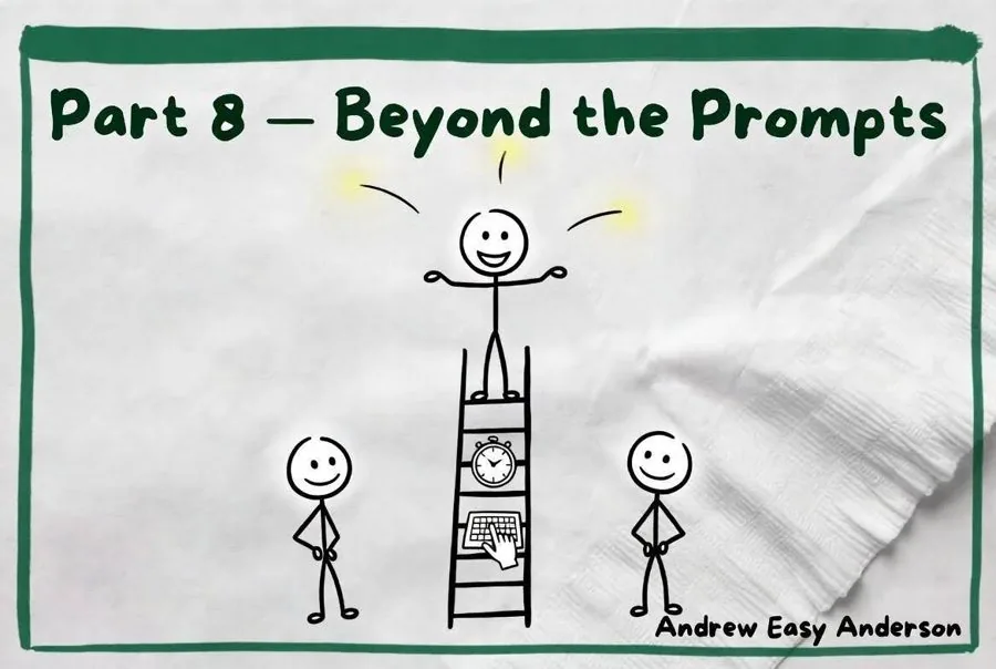 Part 8, Beyond the Prompts — a figure climbing a ladder of rungs